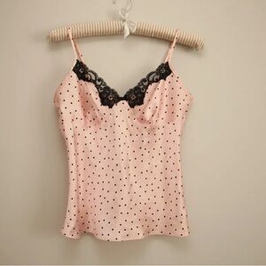 Pink Polka Dot Satin Cami with Black Lace Trim